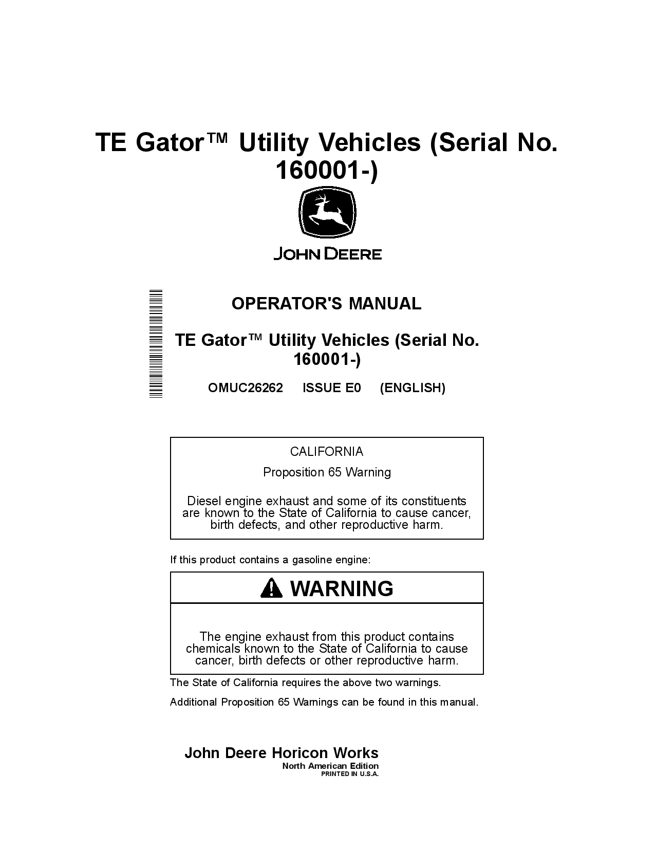 John Deere TE Gator Utility Vehicles 160001 OMUC26262 Operation and Maintenance manual PDF Download