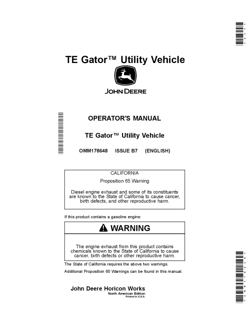 John Deere TE Gator Utility Vehicles OMM178648 Operation and Maintenance manual PDF Download