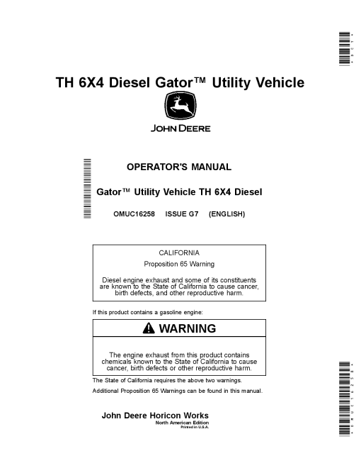 John Deere TH 6X4 Diesel Gator Utility Vehicle OMUC16258 Operation and Maintenance manual PDF Download