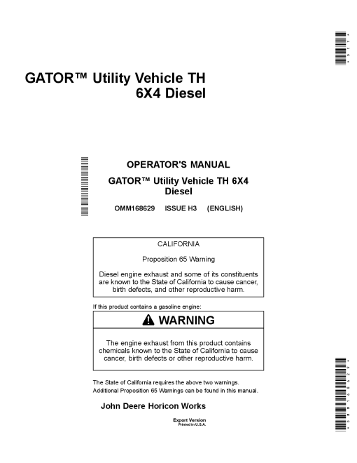 John Deere TH 6X4 Gator Utility Vehicle Diesel Export Edition 070001 110000 OMM168629 Operation and Maintenance manual PDF Download
