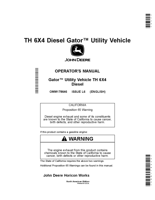 John Deere TH 6x4 Diesle Gator Utility Vehicles Engine Yanmar 3TNV74 OMM178646 Operation and Maintenance manual PDF Download