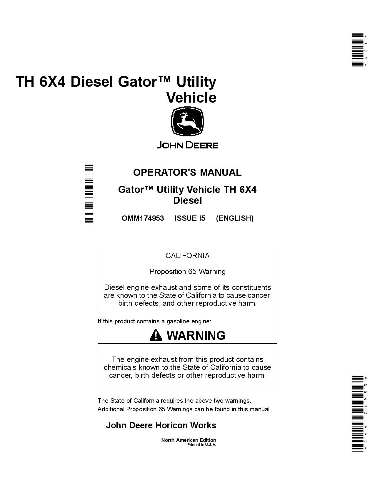 John Deere TH 6x4 Gator Utility Vehicle DieselNorth American Edition 110001 OMM174953 Operation and Maintenance manual PDF Download