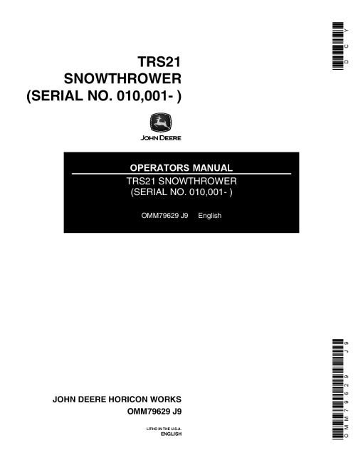 John Deere TRS21 TRS21E Walk Behind Snowthrowers OMM79629 Operation and Maintenance manual PDF Download