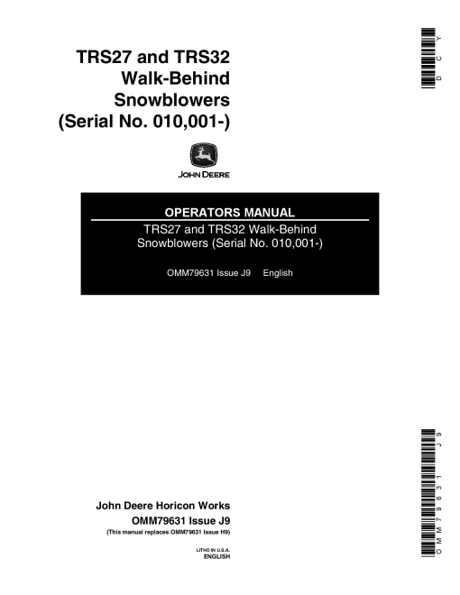 John Deere TRS27 TRS32 Walk Behind Snowblowers 010001 OMM79631 Operation and Maintenance manual PDF Download