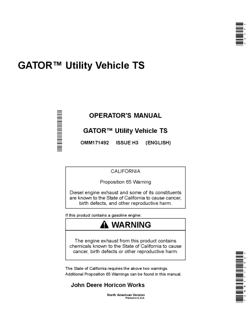 John Deere TS Gator Utility Vehicle North American Edition 070001 100000 OMM171492 Operation and Maintenance manual PDF Download