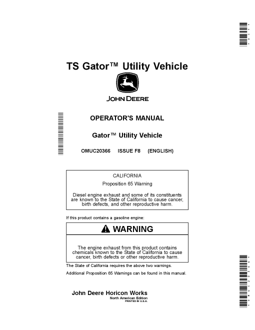 John Deere TS Gator Utility Vehicles OMUC20366 Operation and Maintenance manual PDF Download