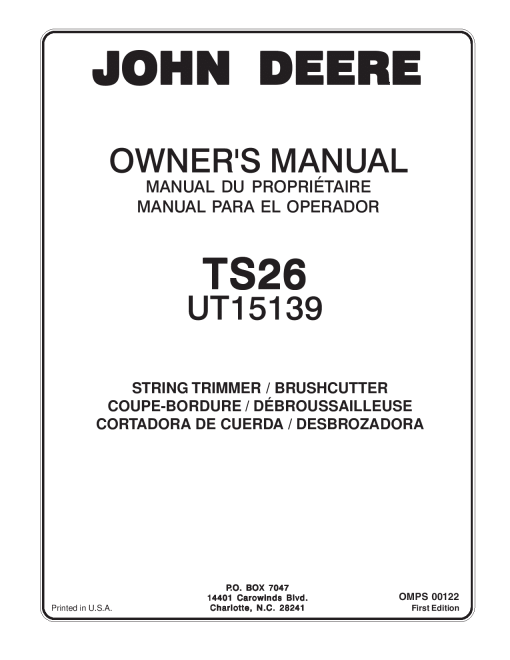 John Deere TS26 String Trimmer Brushcutter UT15139 OMPS00122 Operation and Maintenance manual PDF Download