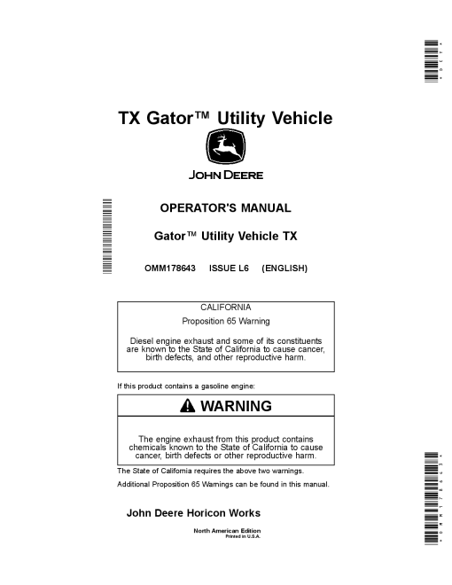 John Deere TX 4x2 Gas Gator Utility Vehicles California Edition Engine Kawasaki FJ400 OMM178643 Operation and Maintenance manual PDF Download