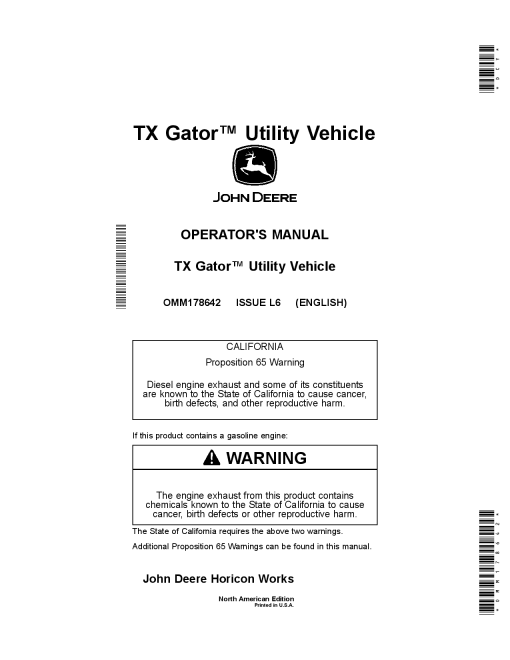 John Deere TX 4x2 Gas Gator Utility Vehicles Engine Kawasaki FH601 OMM178642 Operation and Maintenance manual PDF Download
