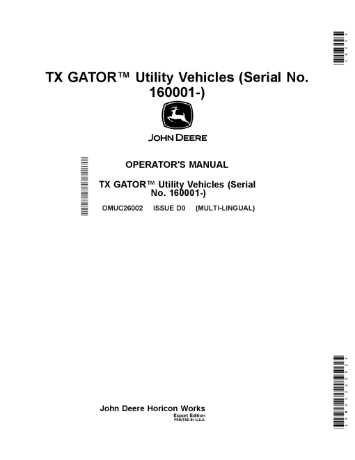 John Deere TX GATOR Utility Vehicles 160001 OMUC26002 Operation and Maintenance manual PDF Download