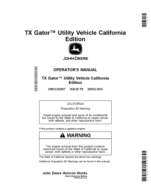 John Deere TX Gator Utility Vehicles Kawasaki F1400 Gas Engine California Edition OMUC20367 Operation and Maintenance manual PDF Download