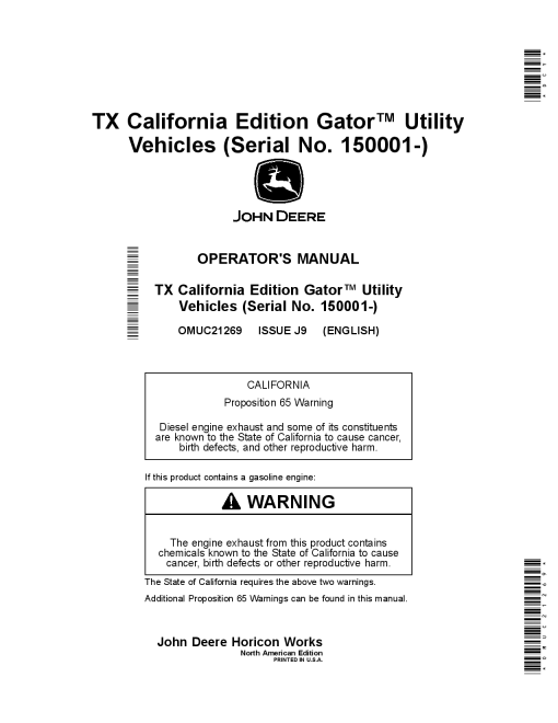John Deere TX GatorTM Utility Vehicles Kawasaki FH601 Gas Engine OMUC21269 Operation and Maintenance manual PDF Download