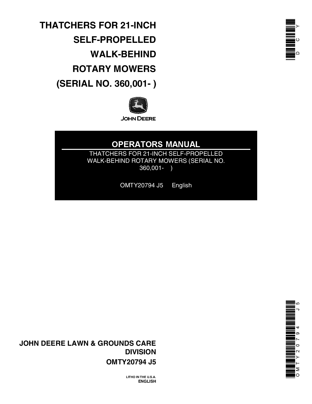 John Deere TY 13108 Thatcher 21 Inch Walk Behind Mower OMTY20794 Operation and Maintenance manual PDF Download