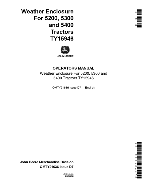 John Deere TY15946 Weather Enclosure for 5200 5300 5400 Tractors OMTY21636 Operation and Maintenance manual PDF Download