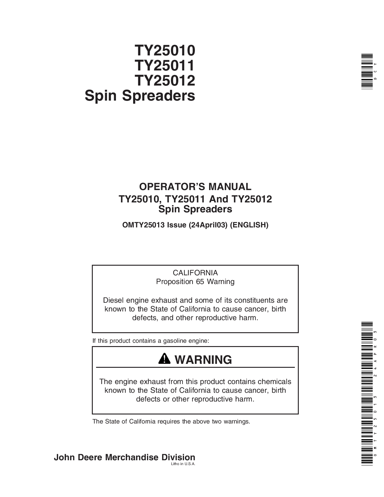 John Deere TY25010 TY25011 TY25012 Spin Spreaders OMTY25013 Operation and Maintenance manual PDF Download