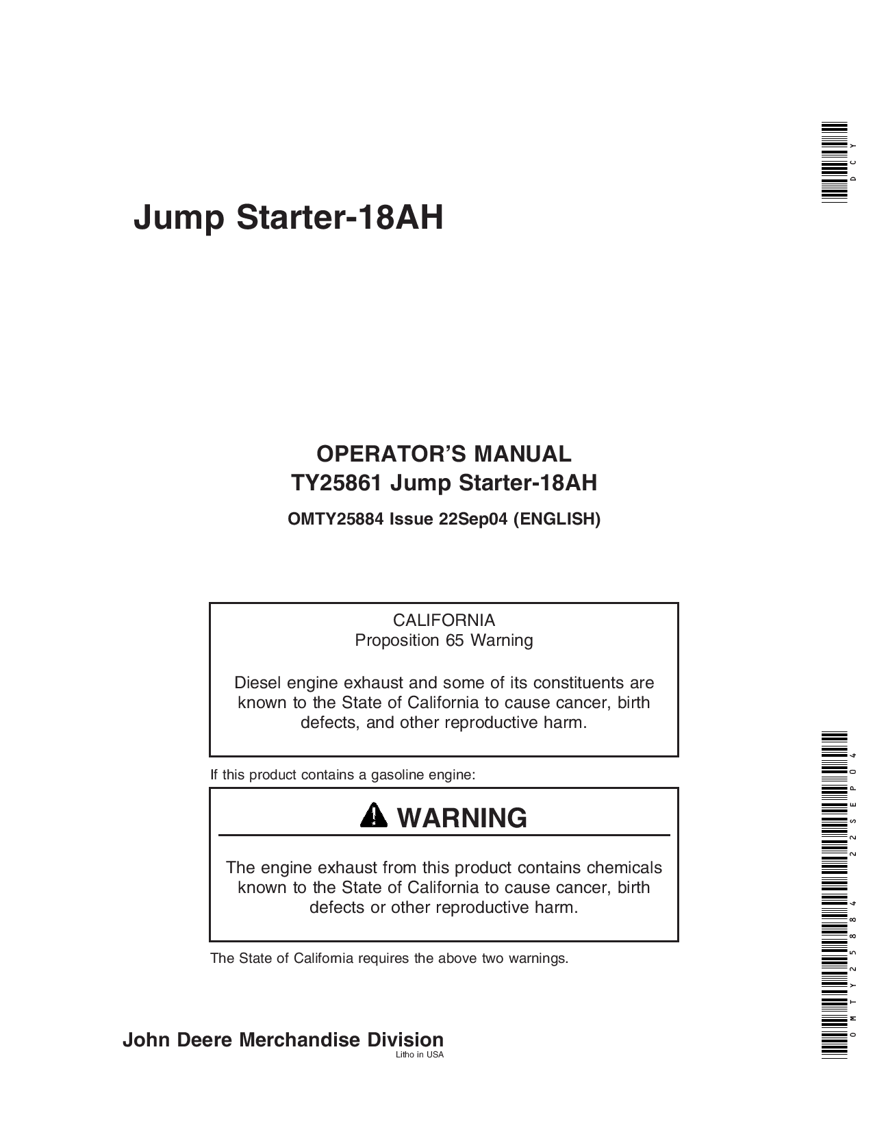 John Deere TY25861 jump Starter 18AH OMTY25884 Operation and Maintenance manual PDF Download