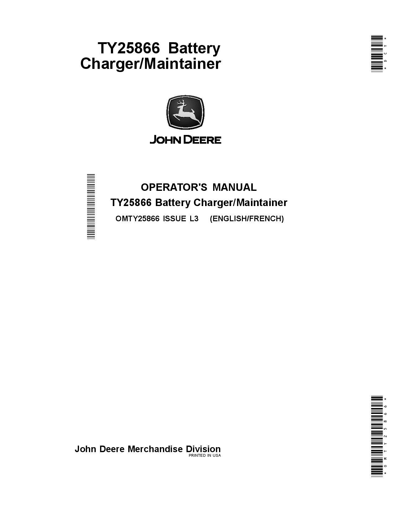 John Deere TY25866 Battery Charger Maintainer OMTY25866 Operation and Maintenance manual PDF Download