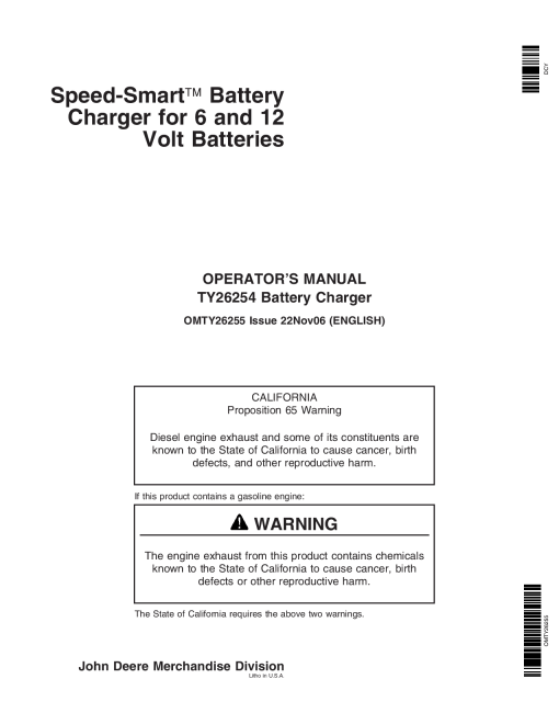 John Deere TY26254 Speed Smart Battery Charger OMTY26255 Operation and Maintenance manual PDF Download