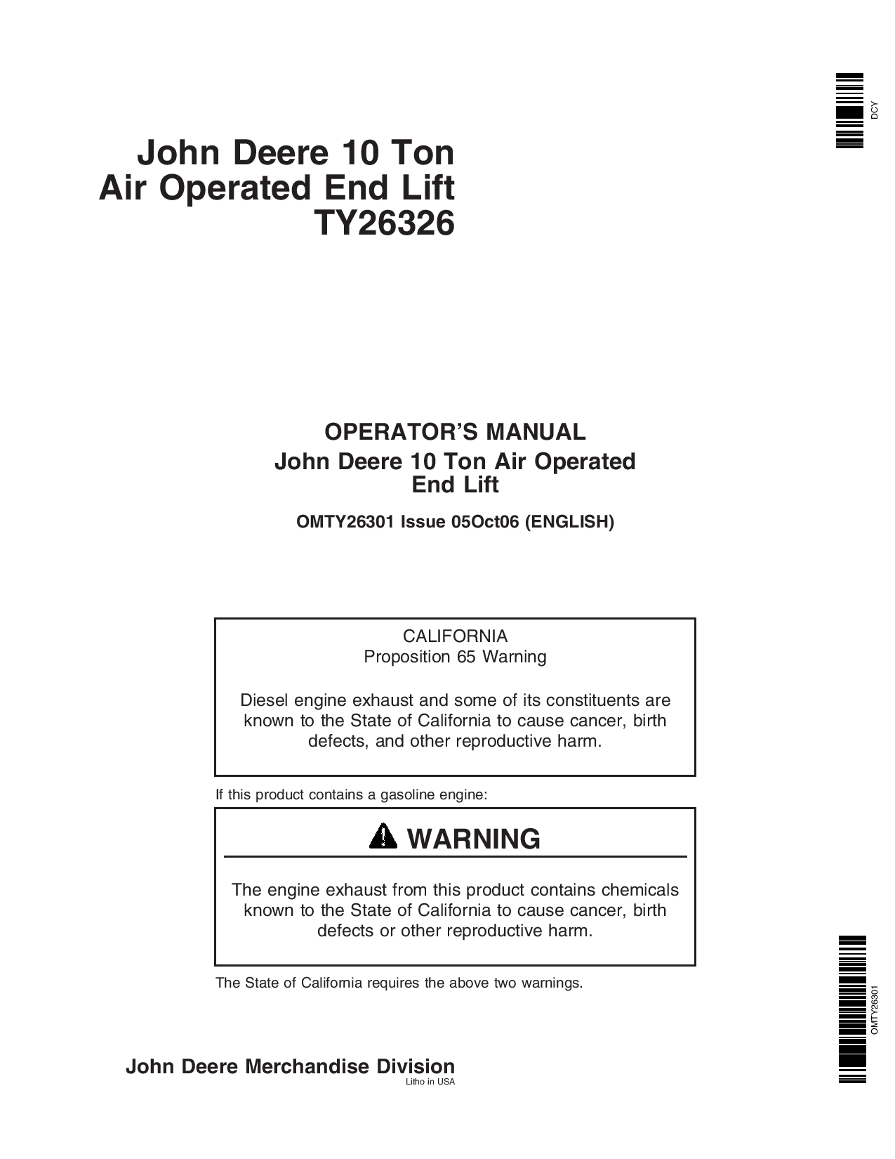 John Deere TY26326 10 Ton Air Operated End Lift OMTY26301 Operation and Maintenance manual PDF Download