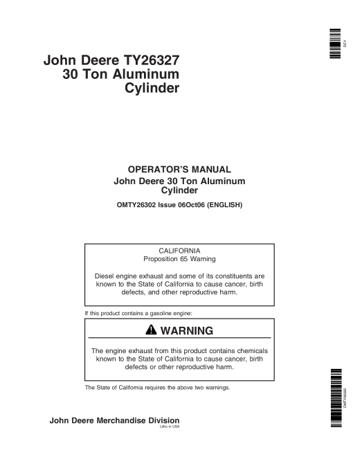 John Deere TY26327 30 Ton Aluminum Cylinder OMTY26302 Operation and Maintenance manual PDF Download