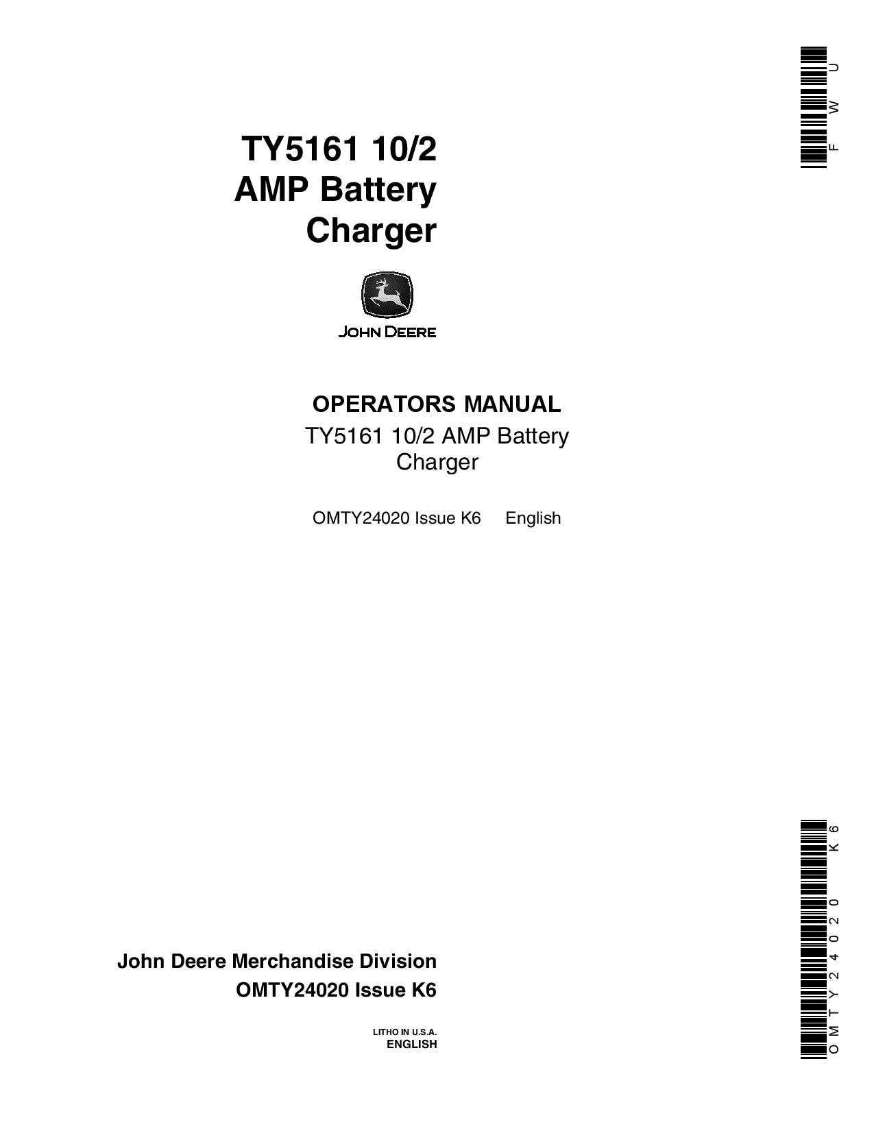 John Deere TY5161 10 2 Battery Charger OMTY24020 Operation and Maintenance manual PDF Download