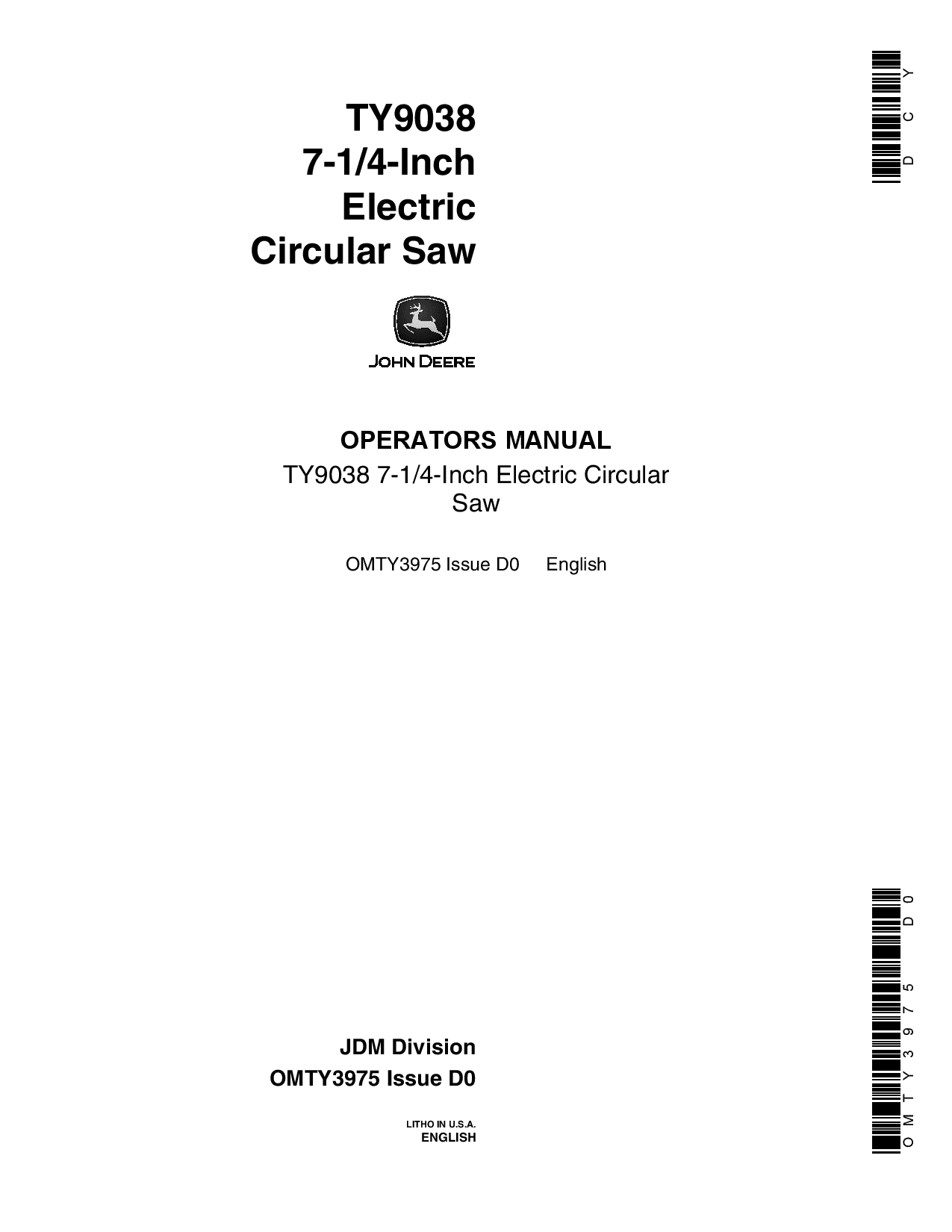 John Deere TY9038 7 1 4 Inch Electric Cirular Saw OMTY3975 Operation and Maintenance manual PDF Download