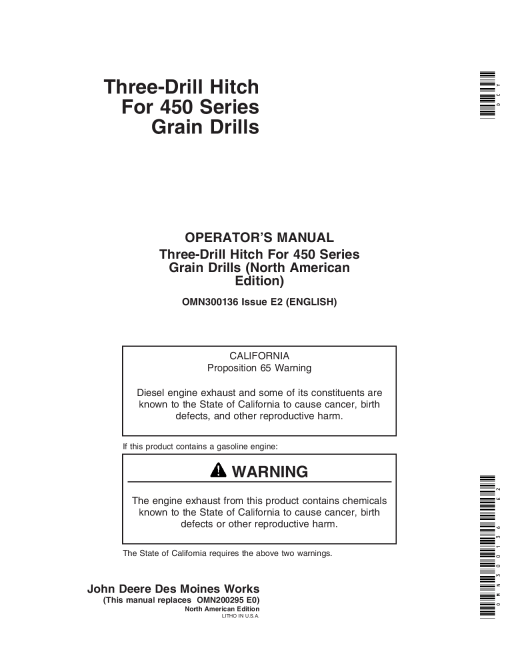 John Deere Three Drill Hitch for 450 Series Grain Drills OMN300136 Operation and Maintenance manual PDF Download