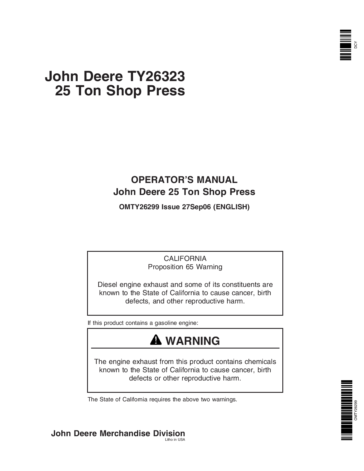 John Deere Ton Shop Press TY26323 OMTY26299 Operation and Maintenance manual PDF Download