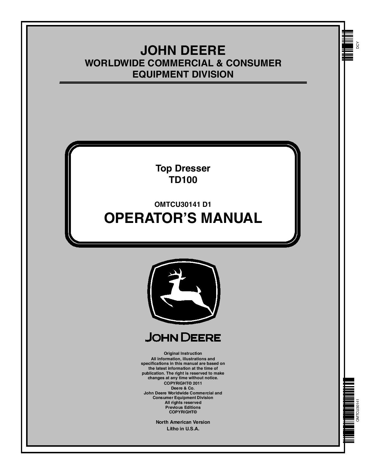 John Deere Top Dresser T0100 010001 OMTCU30141 Operation and Maintenance manual PDF Download
