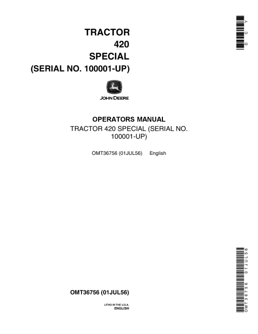 John Deere Tractor 420 Special 100001 OMT36756 Operation and Maintenance manual PDF Download