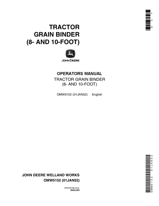 John Deere Tractor Grain Binder OMW5152 Operation and Maintenance manual PDF Download