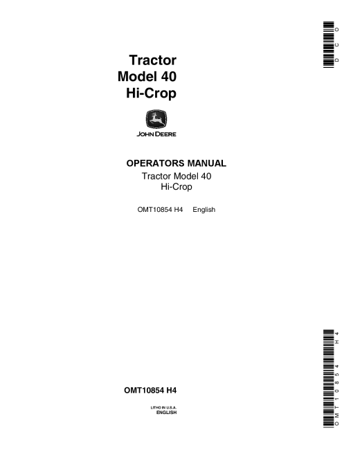 John Deere Tractor Model 40 Hi Crop OMT10854 Operation and Maintenance manual PDF Download