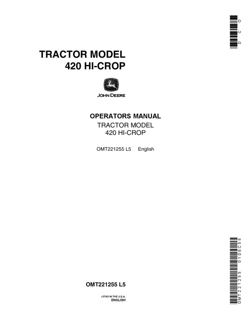 John Deere Tractor Model 420 Hi Crop OMT221255 Operation and Maintenance manual PDF Download