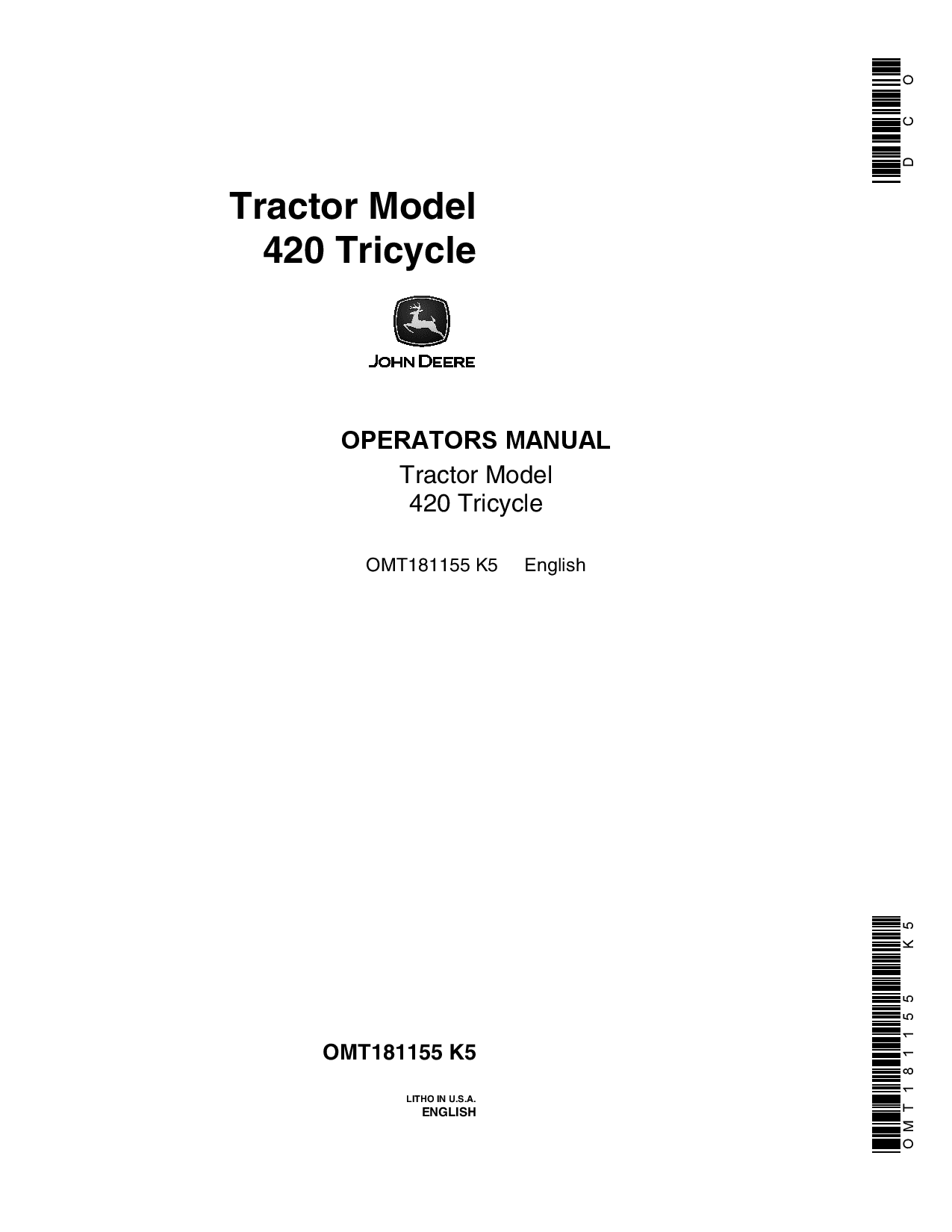 John Deere Tractor Model 420 Tricycle OMT181155 Operation and Maintenance manual PDF Download