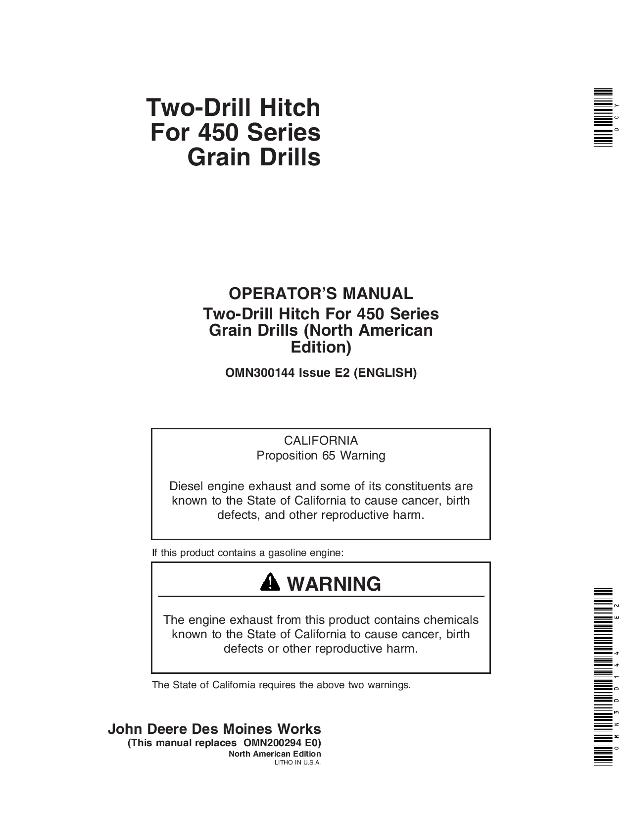 John Deere Two Drill Hitch for 450 Series Grain Drills OMN300144 Operation and Maintenance manual PDF Download