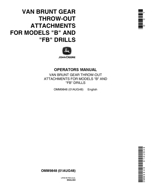 John Deere Van Brunt Gear Throw Out Attachments OMM9848 Operation and Maintenance manual PDF Download
