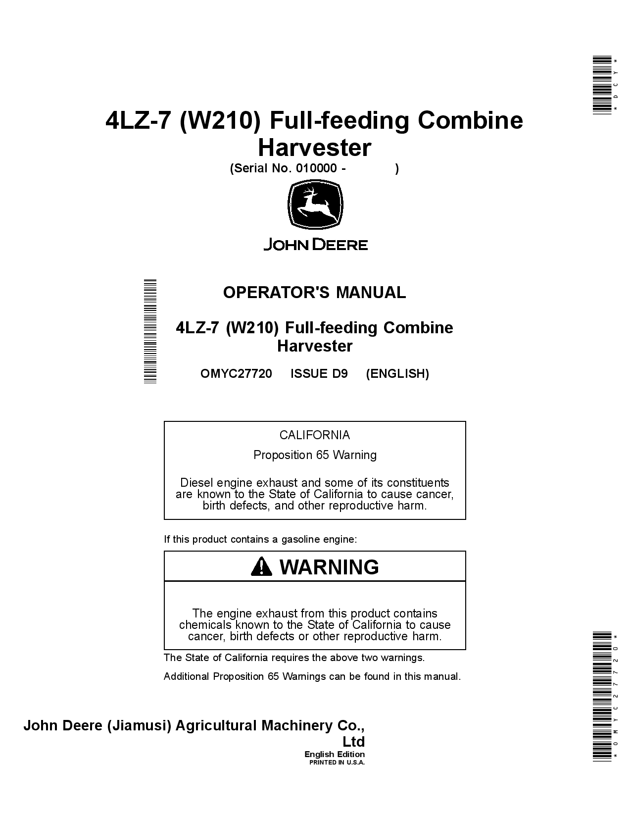 John Deere W210 4LZ 7 Type Full Feeding Combine Harvester OMYC27720 Operation and Maintenance manual PDF Download