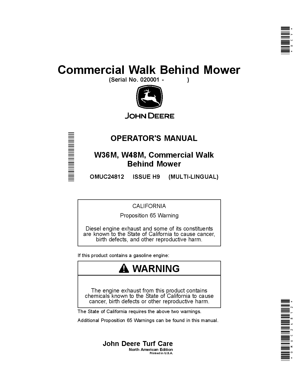 John Deere W36M W48M Commercial Walk Behind Mower OMUC24812 Operation and Maintenance manual PDF Download