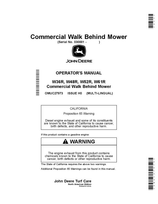 John Deere W36R W48R W52R and W61 R Commercial Walk Behind Mower 030001 OMUC27973 Operation and Maintenance manual PDF Download