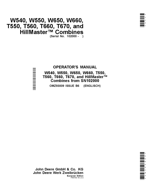 John Deere W540 W550 W650 W660 T550 T560 T660 T670 HillMaster Combines OMZ93009 Operation and Maintenance manual PDF Download