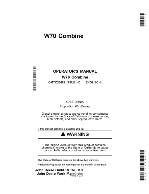 John Deere W70 Combine Sub Sharan Africa Asia OMYC23669 Operation and Maintenance manual PDF Download
