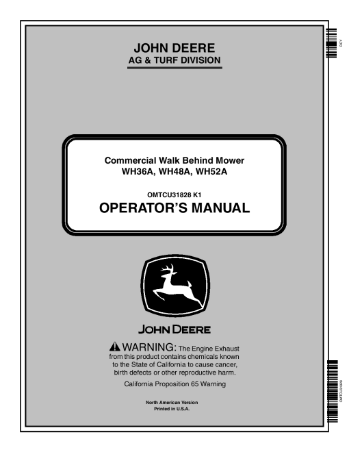 John Deere WH36A WH48A WH52A Commercial Walk Behind Mower North American Edition 030001 040000 OMTCU31828 Operation and Maintenance manual PDF Download
