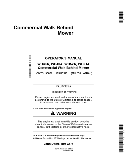 John Deere WH36A WH48A WHSZA Commercial Walk Behind Mower North American Edition 050001 060000 OMTCU35856 Operation and Maintenance manual PDF Download