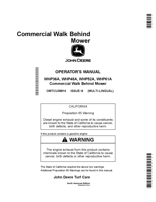John Deere WHP36A WHP48A WHP52A WH P61A Commercial Walk Behind Mower North American Edition 060001 070000 Order manual as OMTCU38814 Operation and Maintenance manual PDF Download