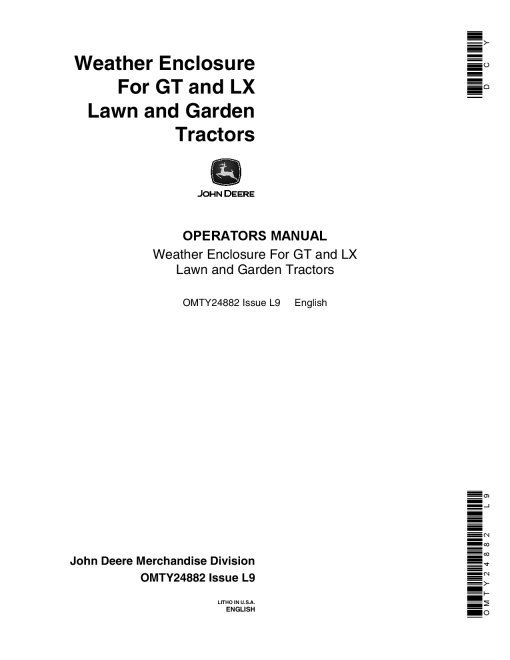 John Deere Weather Enclosure for GT LX Lawn Garden Tractors OMTY24882 Operation and Maintenance manual PDF Download