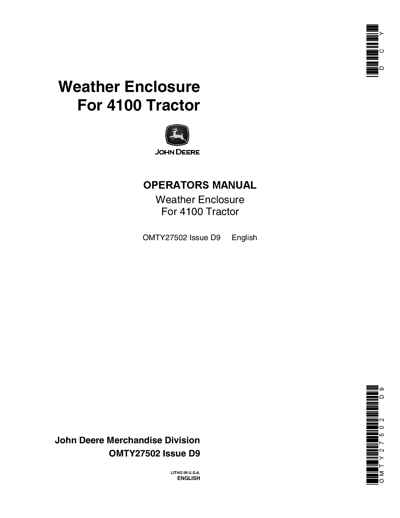 John Deere Weather Enclosures for 4100 Tractor OMTY27502 Operation and Maintenance manual PDF Download