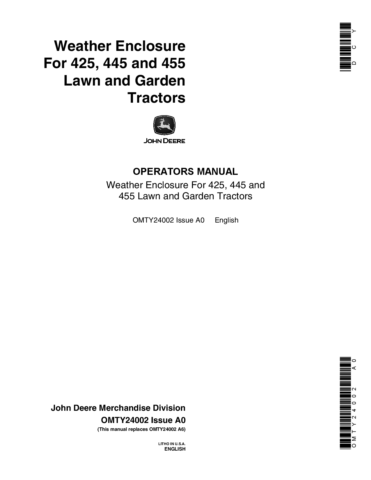 Manuale Tecnico John Deere 425 445 455 Trattorino Giardino Meccanica Originale