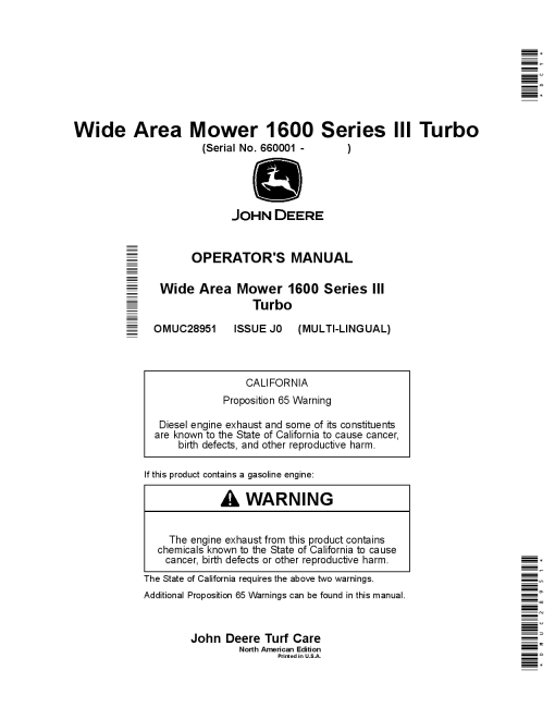 John Deere Wide Area Mower 1600 Series III Turbo 660001 OMUC28951 Operation and Maintenance manual PDF Download