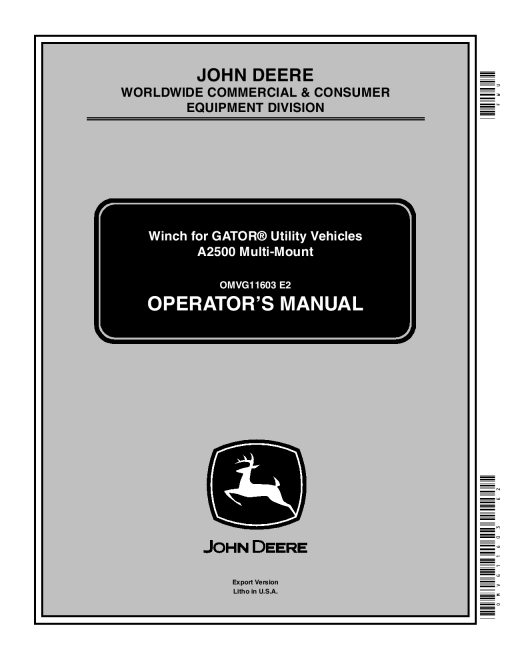 John Deere Winch for Gator Utility Vehicles A2500 Mulit Mount OMVG11603 Operation and Maintenance manual PDF Download