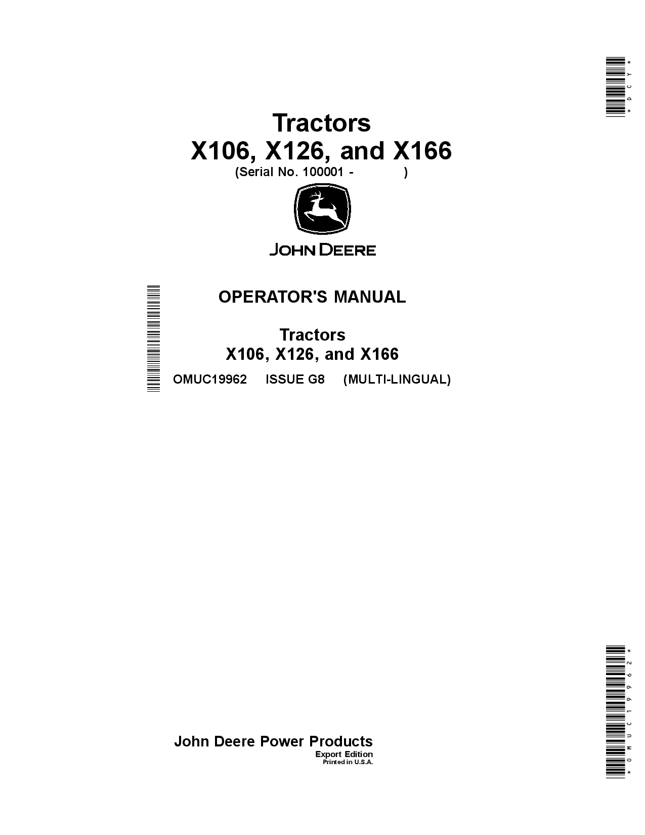 John Deere X106 X126 X166 Tractors OMUC19962 Operation and Maintenance manual PDF Download